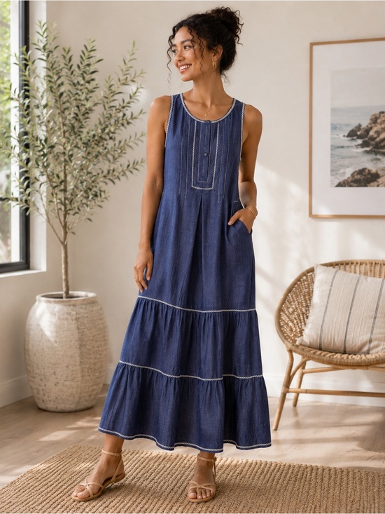 Max Studio Dresses & Skirts - Max Studio Navy Sleeveless Tiered Maxi Dress with Contrast Stitching